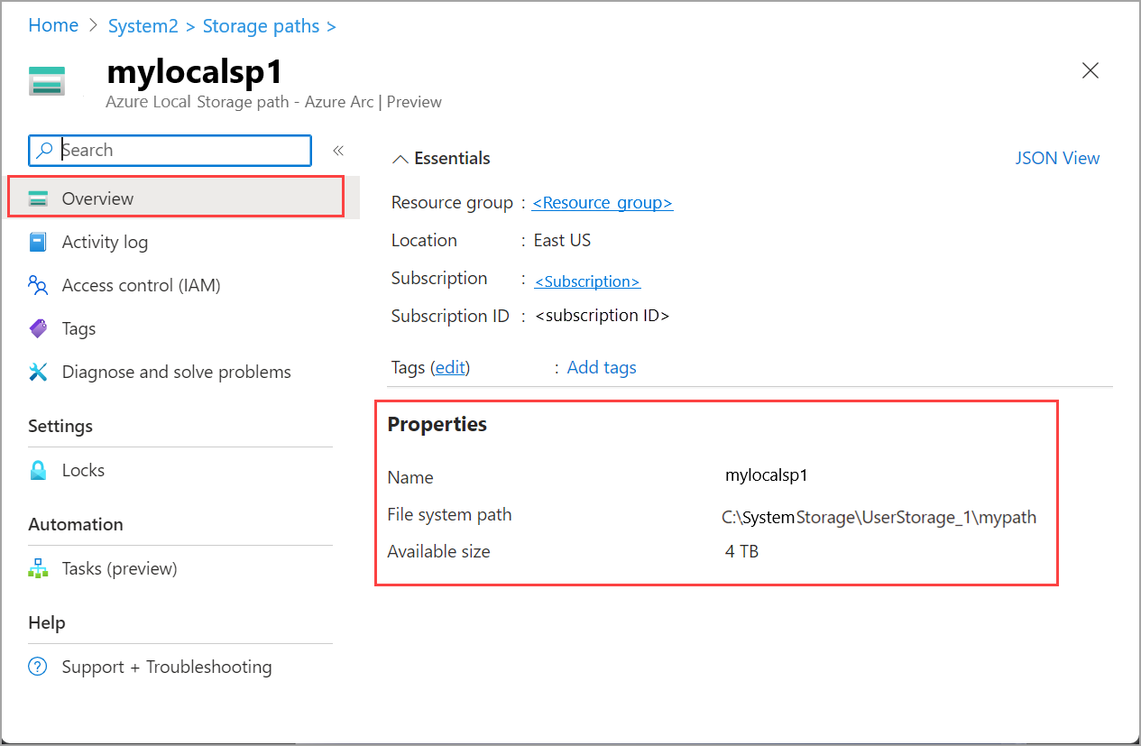 Screenshot of storage path properties.