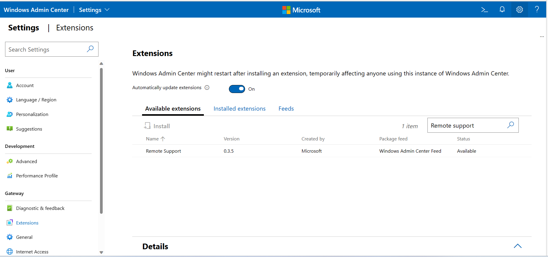 Screenshot of the Extensions page that displays Remote Support as available extension.