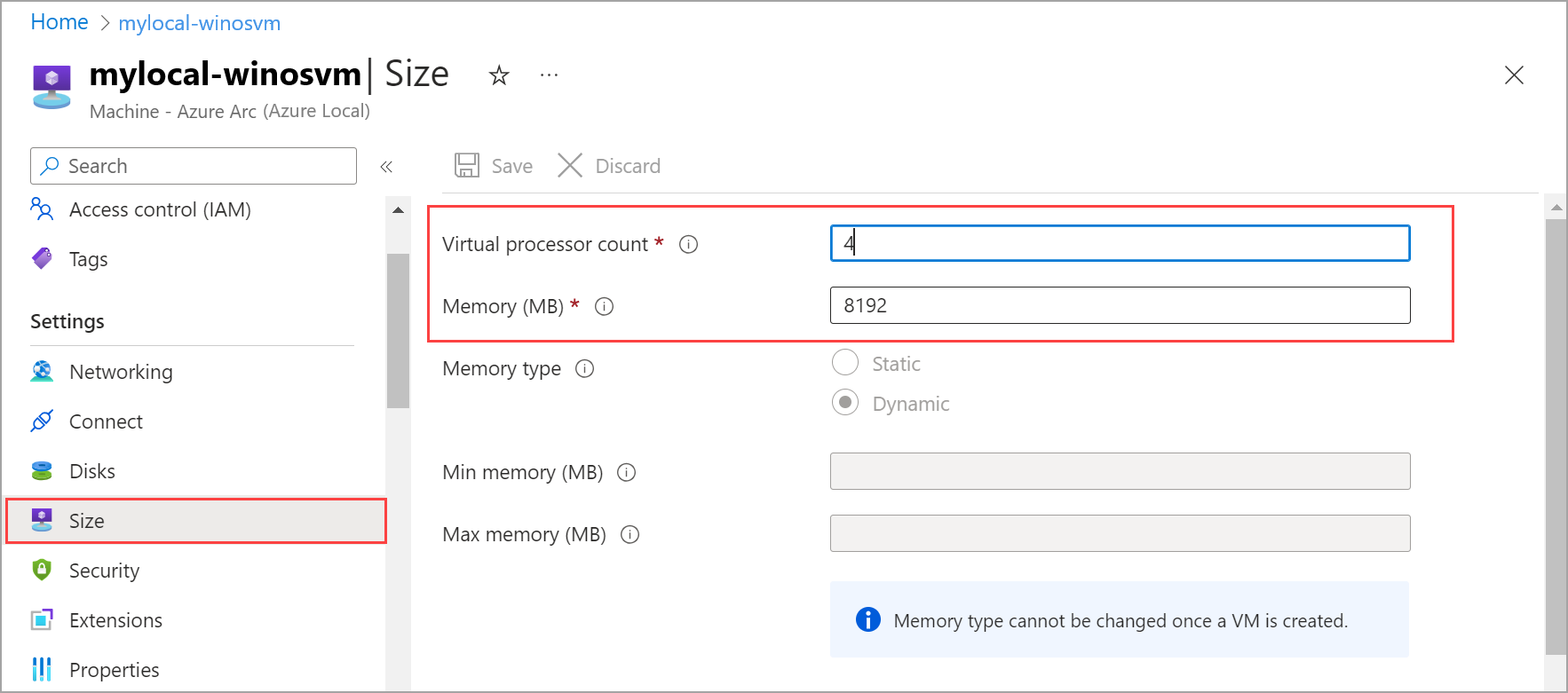 Screenshot of the pane for changing cores and memory size of a VM.