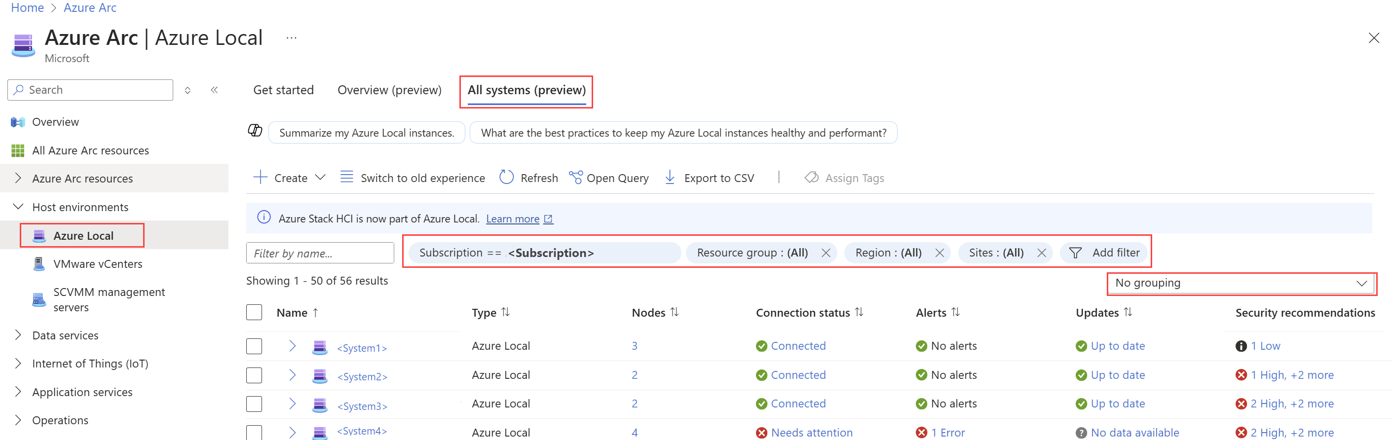 Screenshot of the Azure Local dashboard list view.