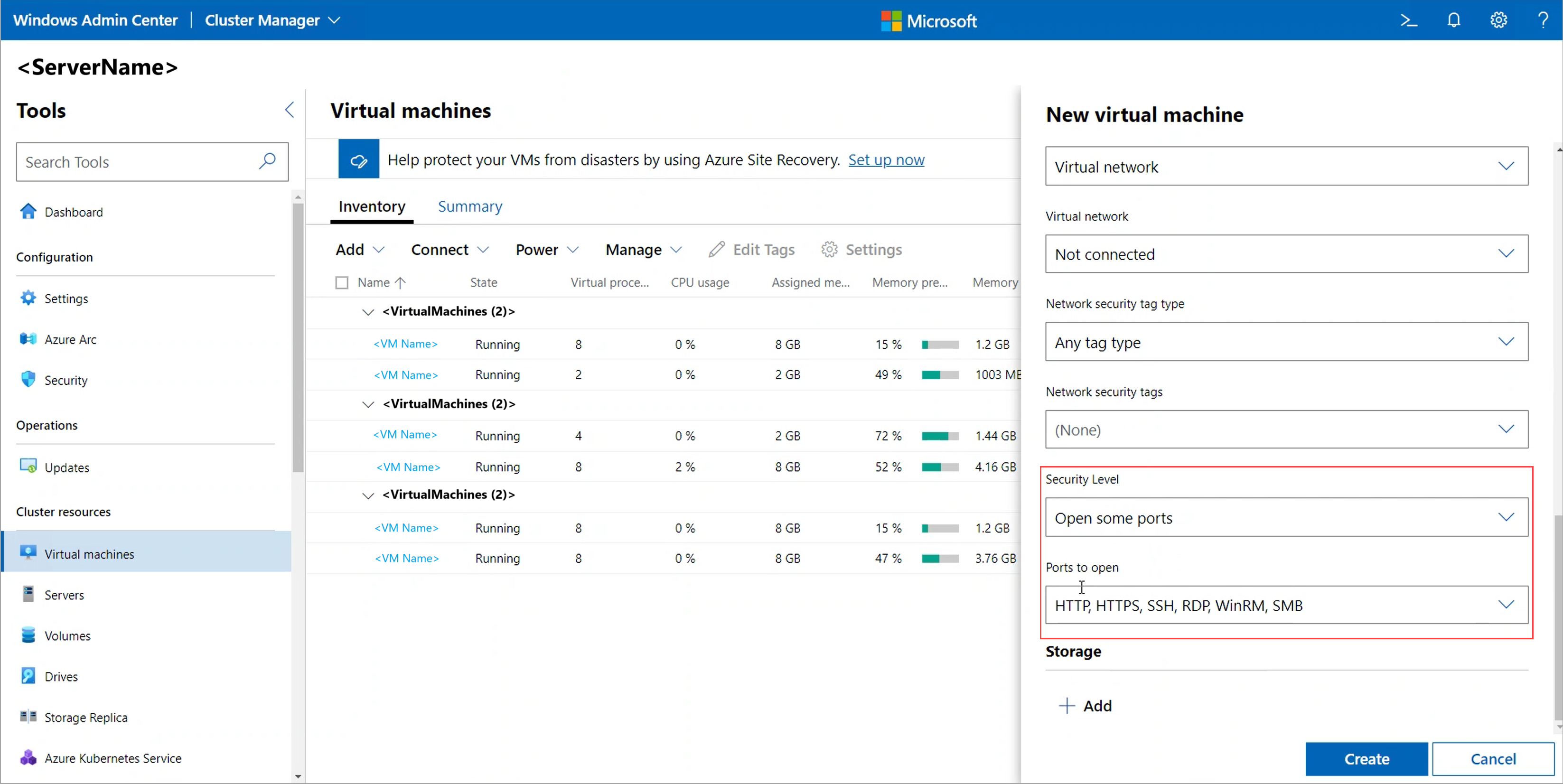 Screenshot showing the ports that can be opened on VMs specified during VM creation in Windows Admin Center.