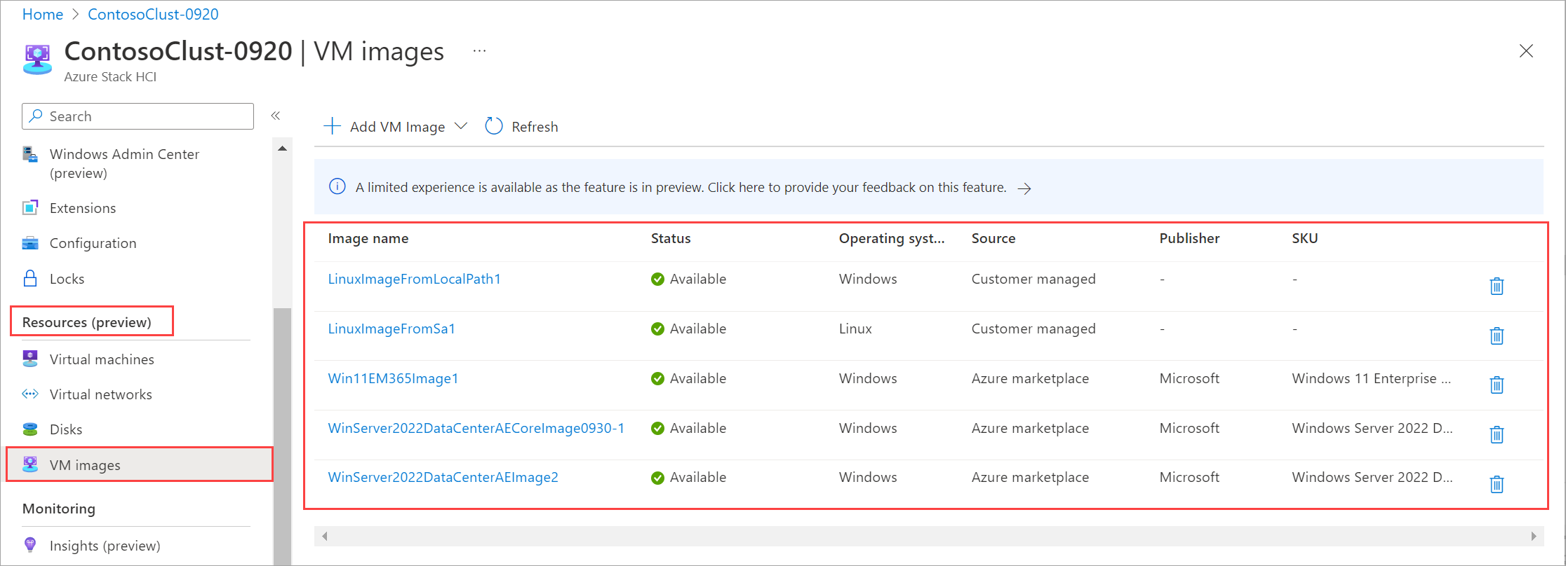Screenshot showing the list of VM images on your Azure Local.