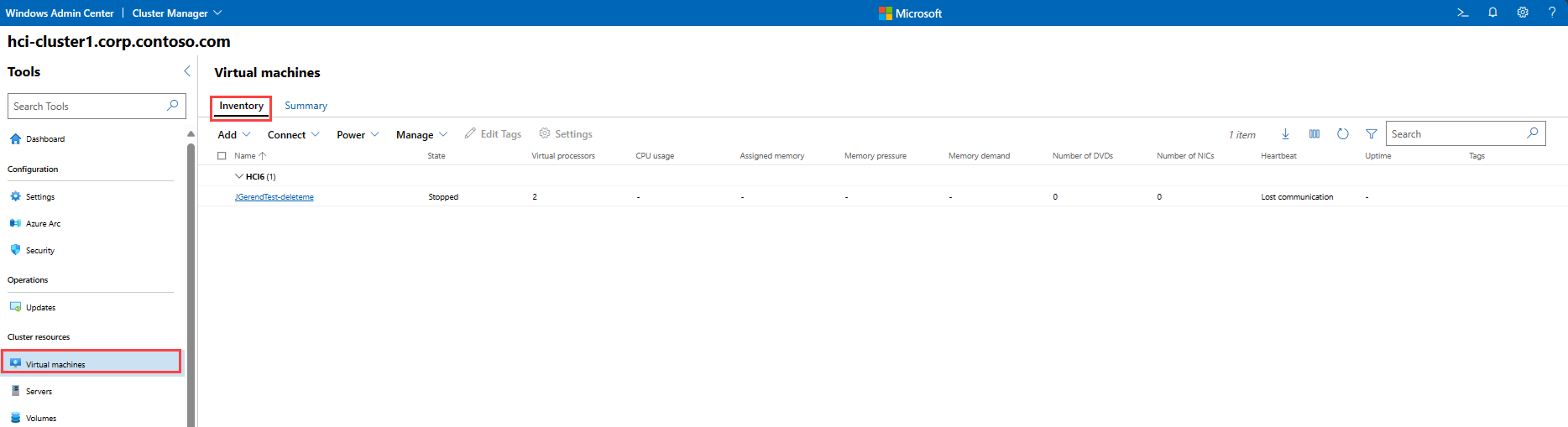 Screenshot of the virtual machine inventory tab.