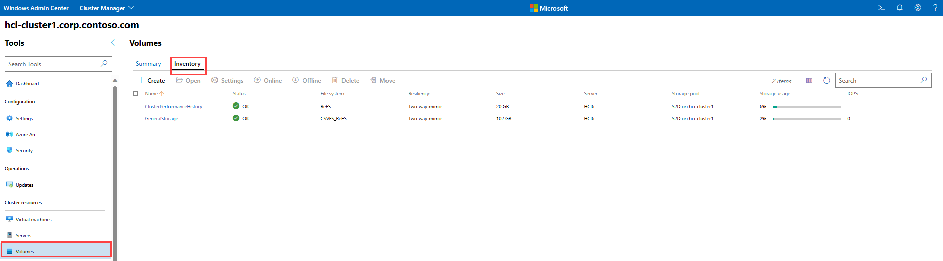 Screenshot of the volumes inventory tab.