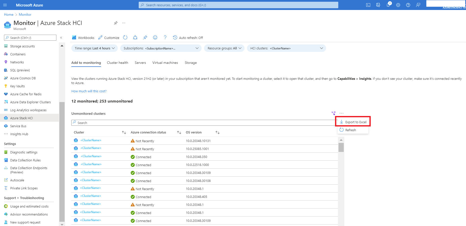 Screenshot showing the link for exporting to Excel.