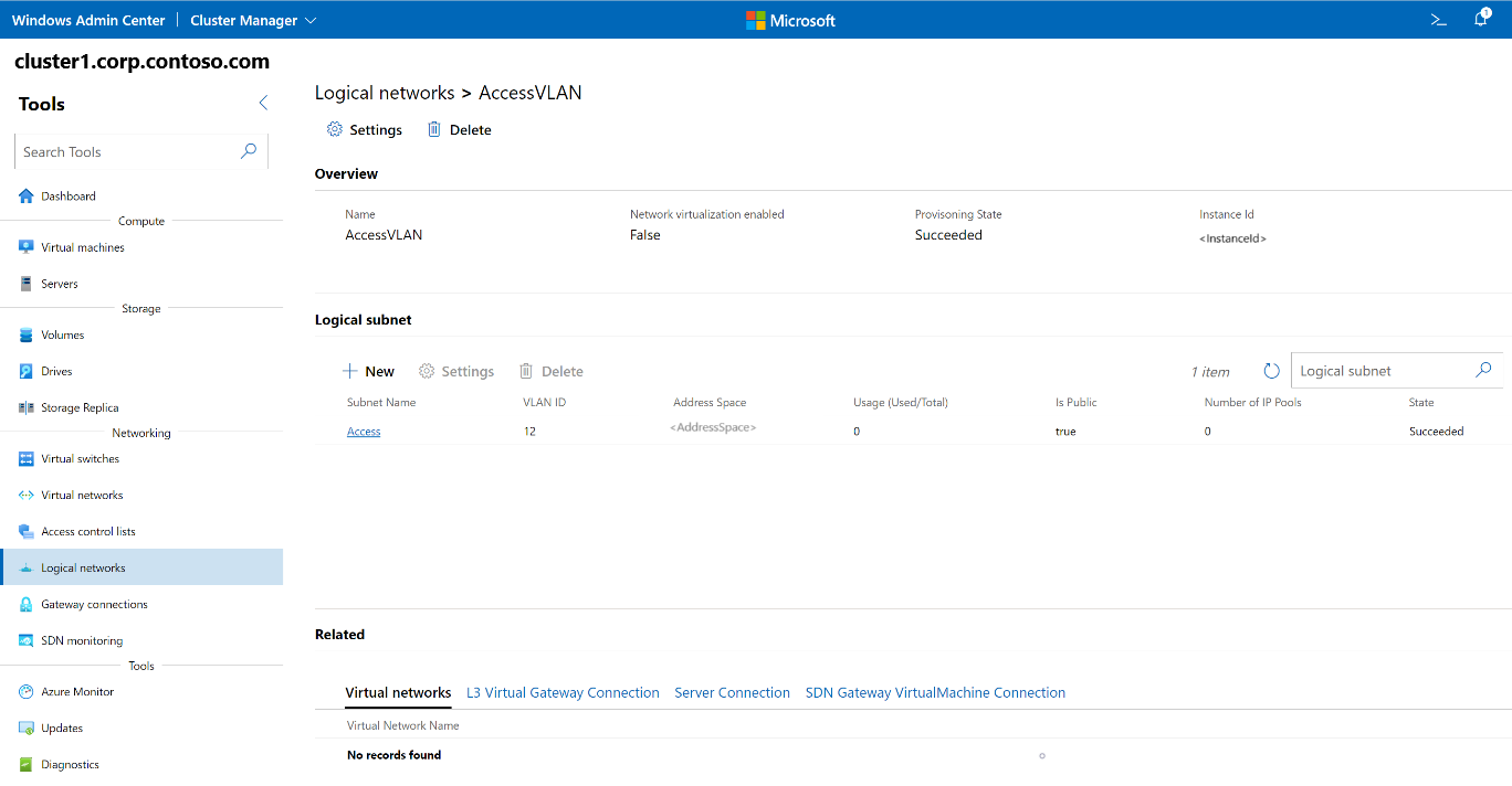 Screenshot of Windows Admin Center showing the details view of a logical network.