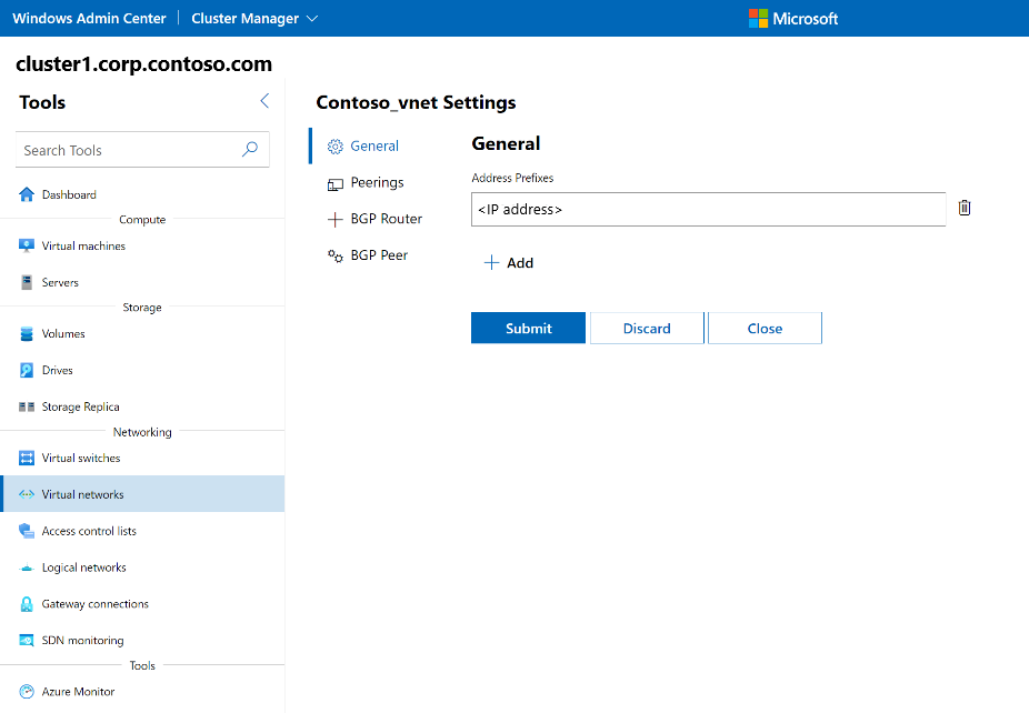 Screenshot of Windows Admin Center showing the Settings view of a virtual network.
