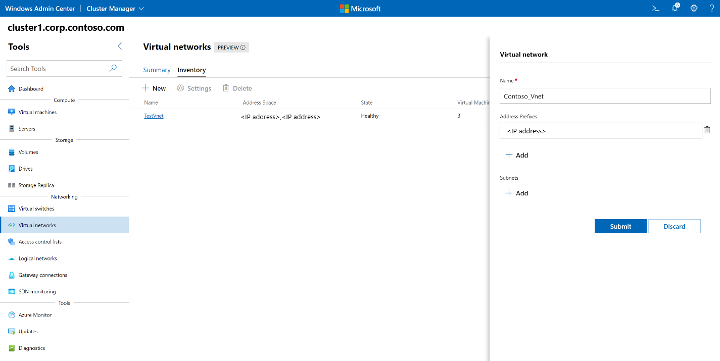 Screenshot of Windows Admin Center home screen showing pane in which to create a Virtual network name and address prefix.