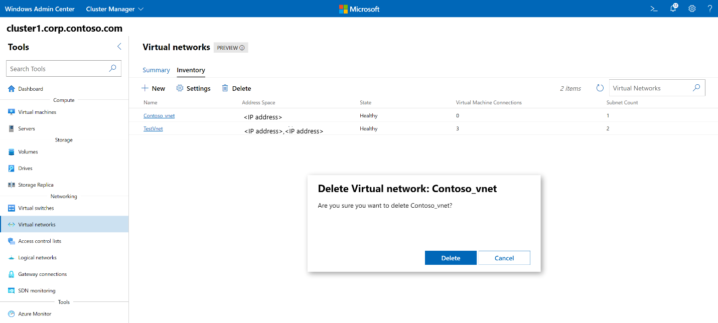 Screenshot of Windows Admin Center showing the Delete virtual network confirmation prompt.
