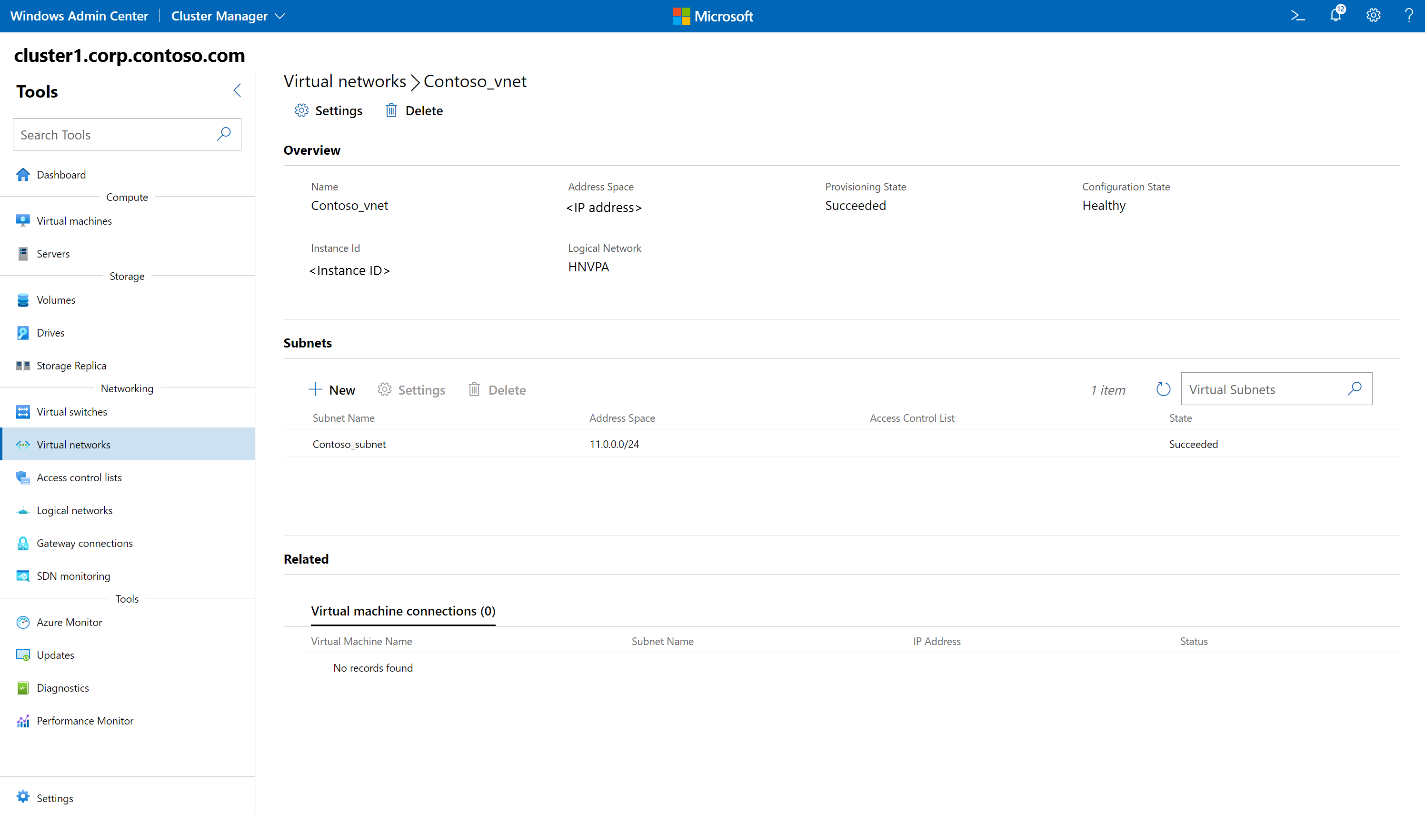 Screenshot of Windows Admin Center showing the details view of a virtual network.