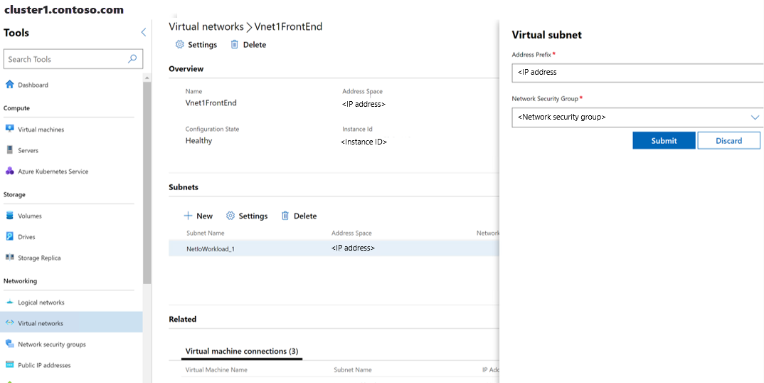 Screenshot of Windows Admin Center showing the Virtual subnet pane.
