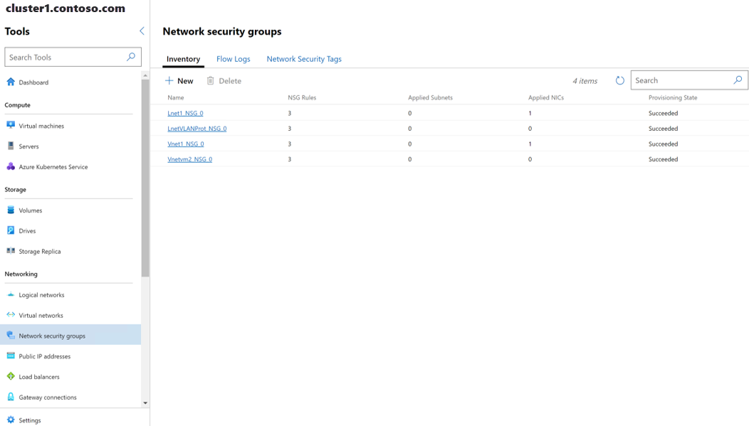 Screenshot of Windows Admin Center showing a list of network security groups on the Inventory tab.