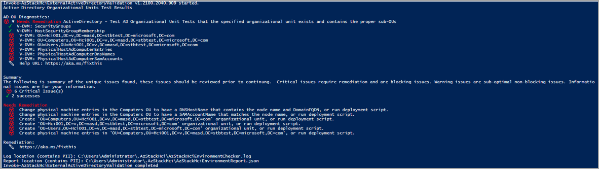 Screenshot of another failed report after running the Active Directory validator.