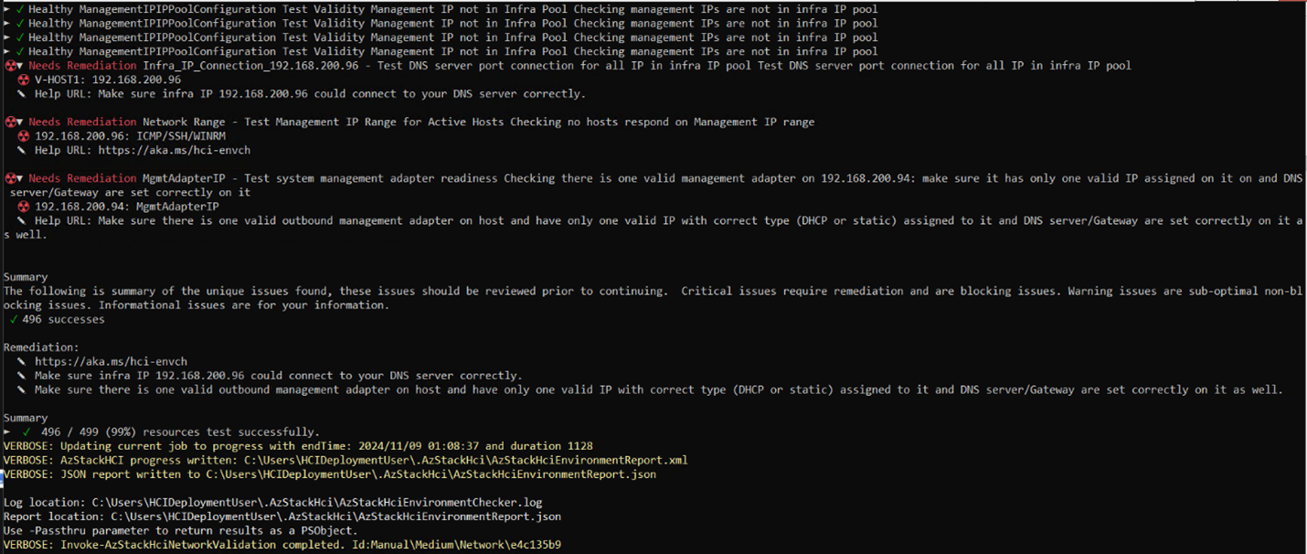 Screenshot of a failed report after running the network validator.