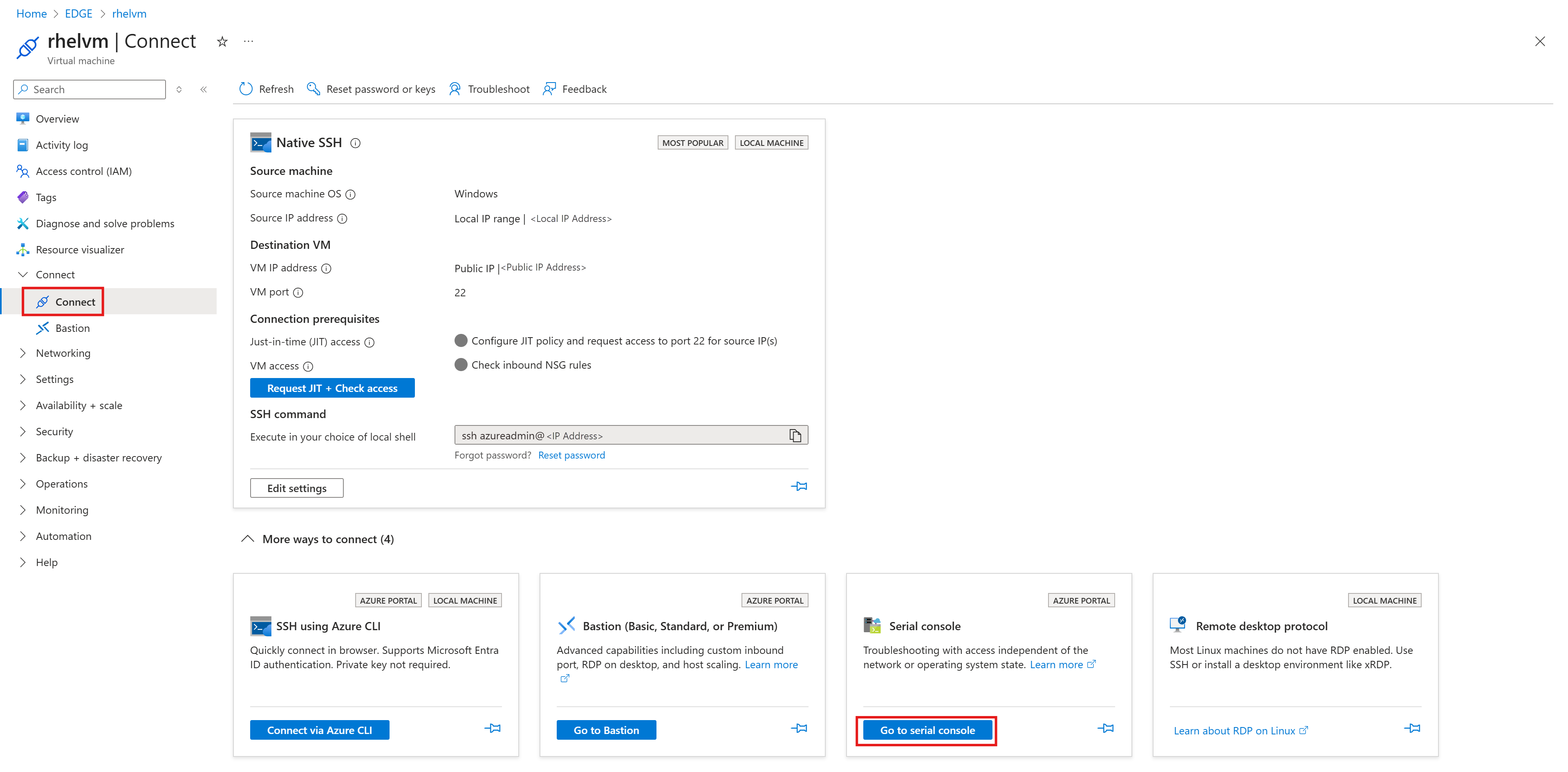 Screenshot of the Serial console sign in option in Azure portal.
