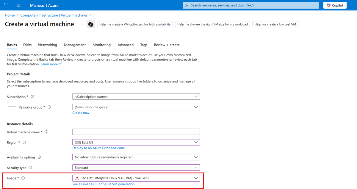 Screenshot of the Azure portal image selection page.