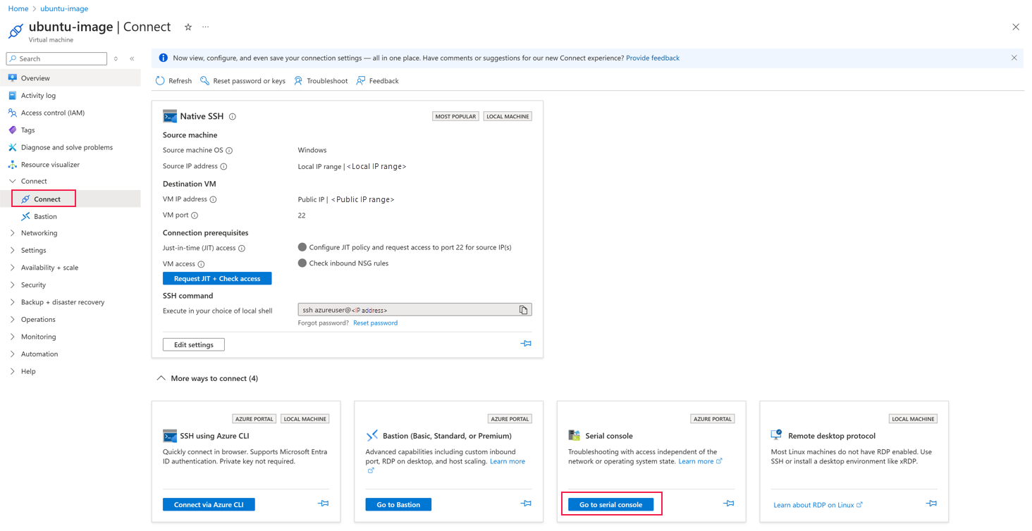 Screenshot of the Serial console sign in option in Azure portal.