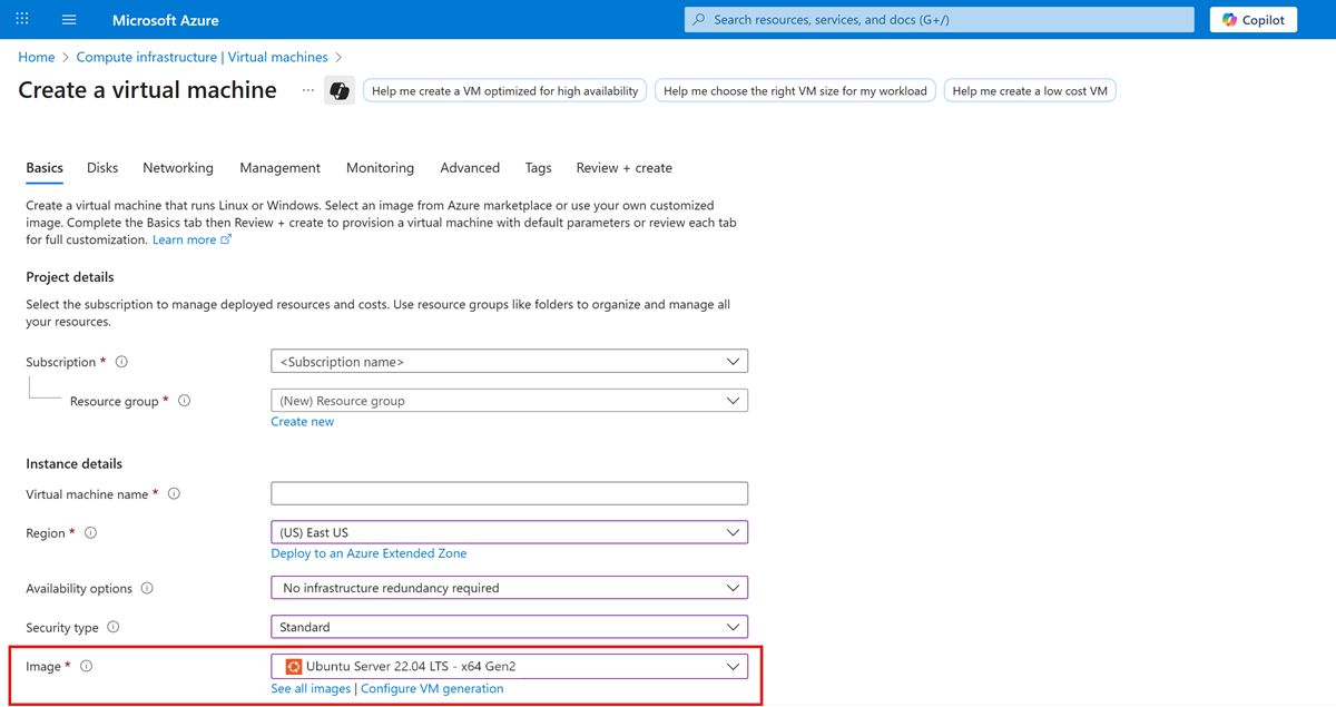 Screenshot of the Azure portal image selection page.