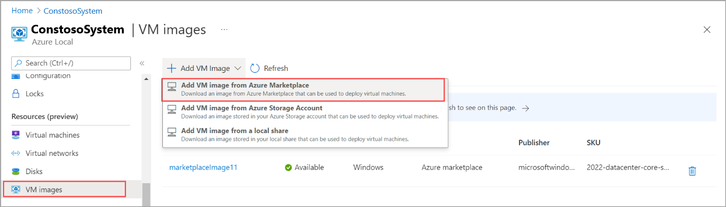 Screenshot showing Add VM image from Azure Marketplace option.