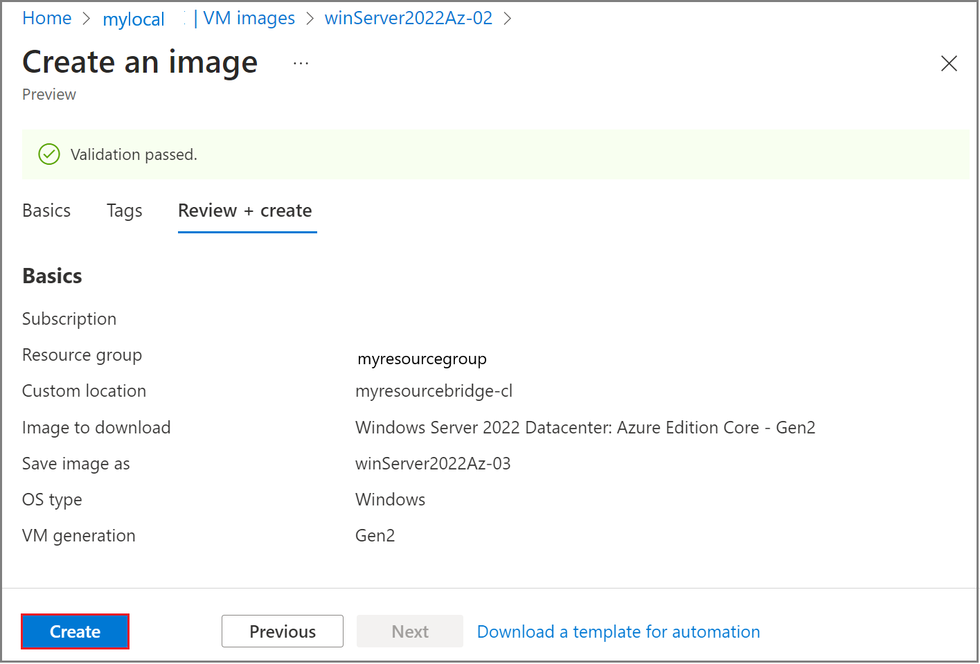 Screenshot showing the Create image dialog for a new VM image.