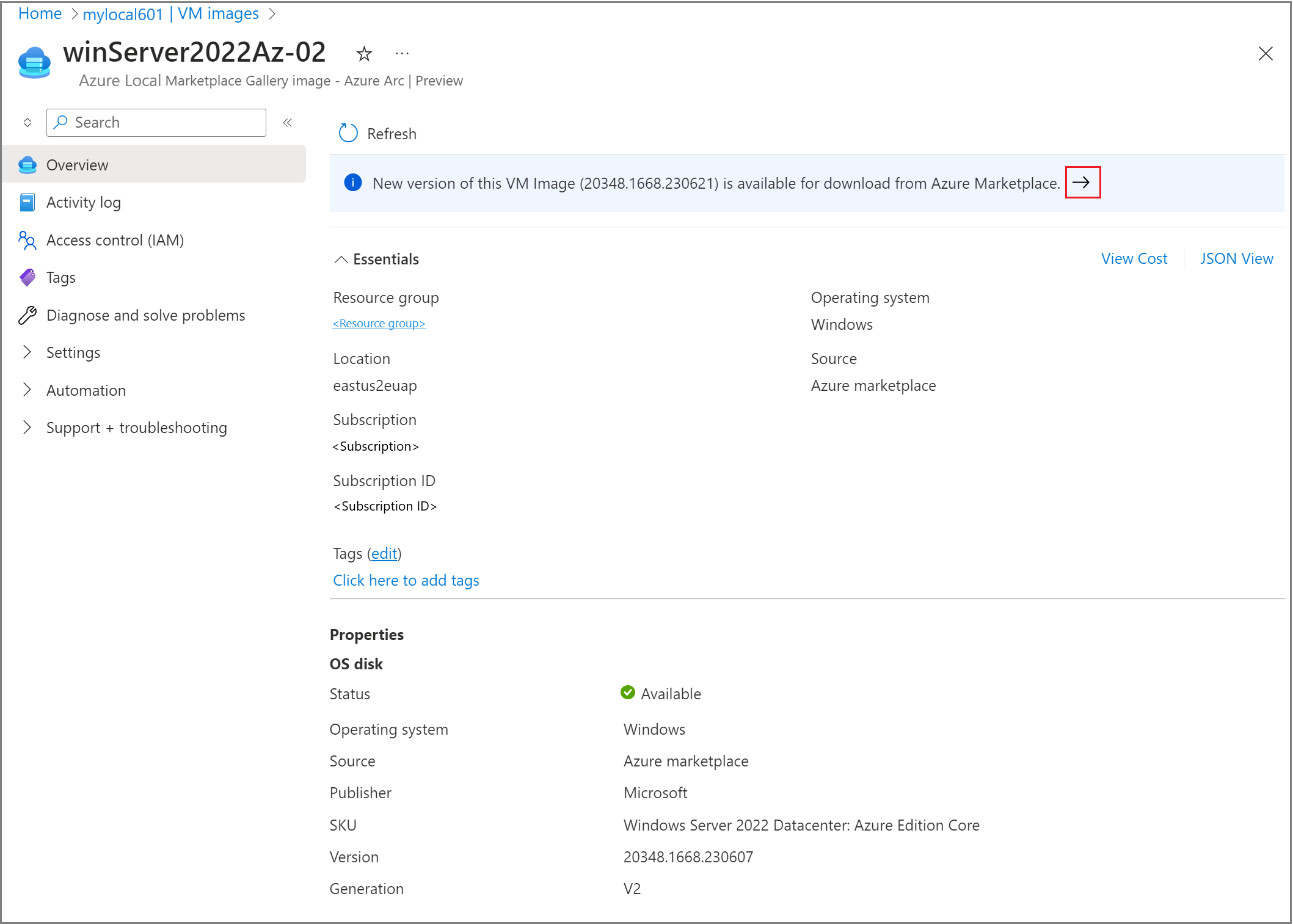 Screenshot showing a new VM image available for download in VM image details.