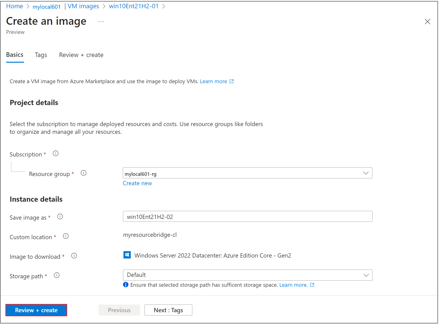 Screenshot showing the Review and create dialog for a new VM image.
