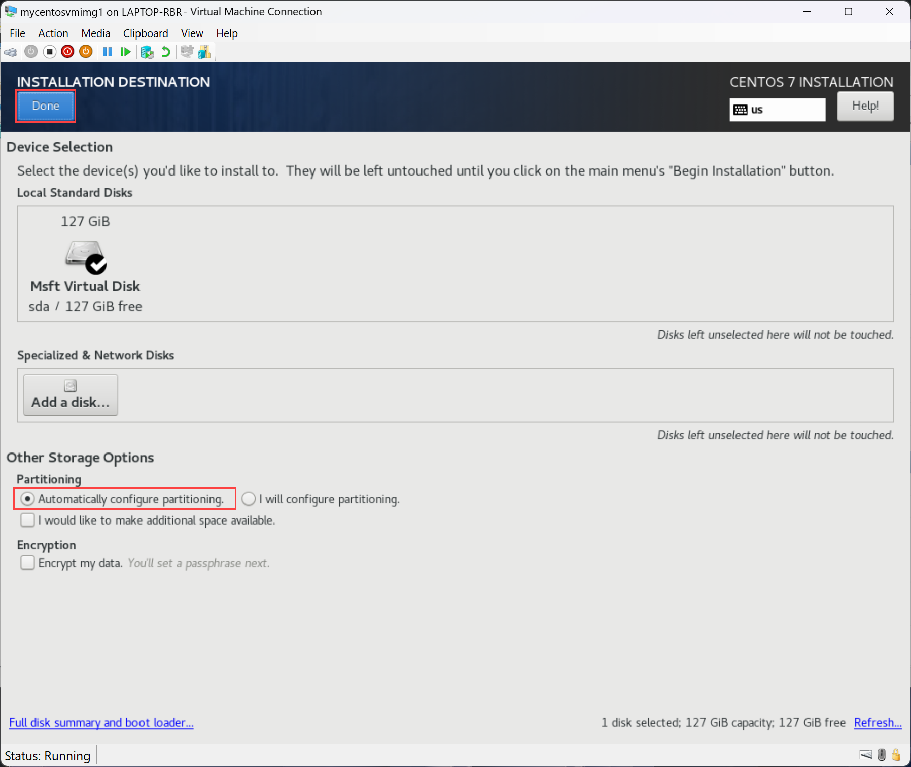 Screenshot that shows the installation destination during CentOS installation.