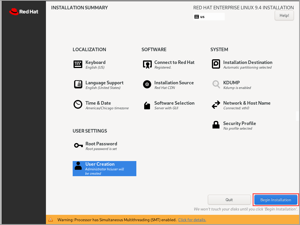 Screenshot that shows the Begin Installation button.
