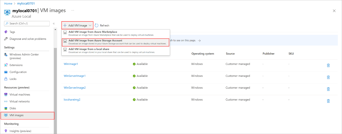 Screenshot showing Add VM image from Azure Marketplace option.