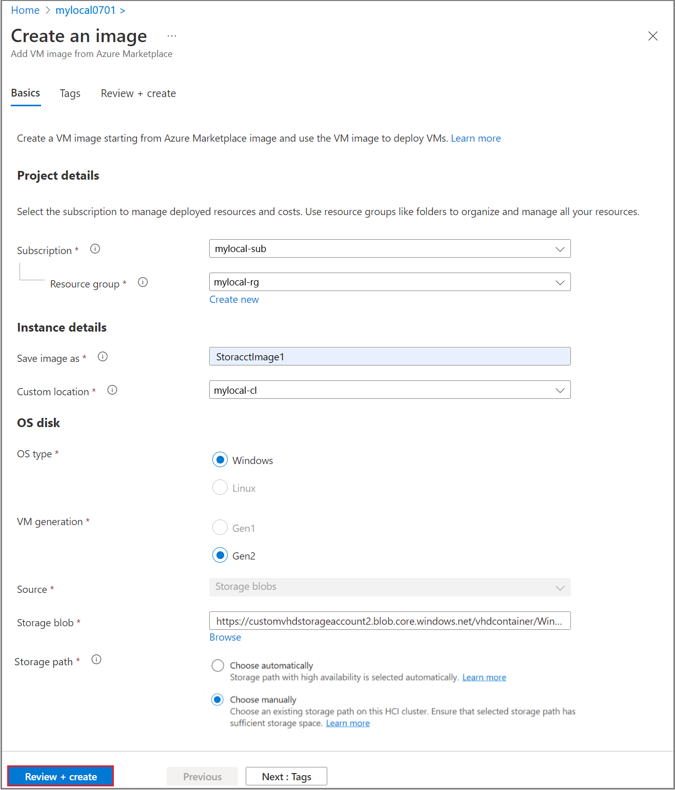 Screenshot of the Create an Image page highlighting the Review + Create button.