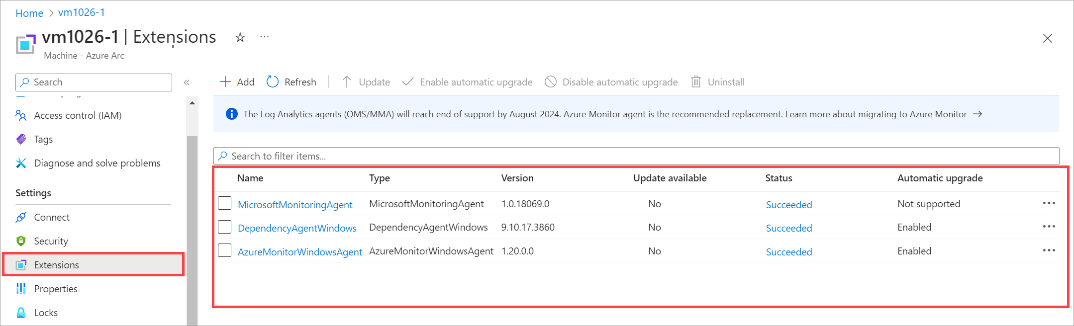 Screenshot that shows the list of installed extensions for the chosen Azure Local VM.
