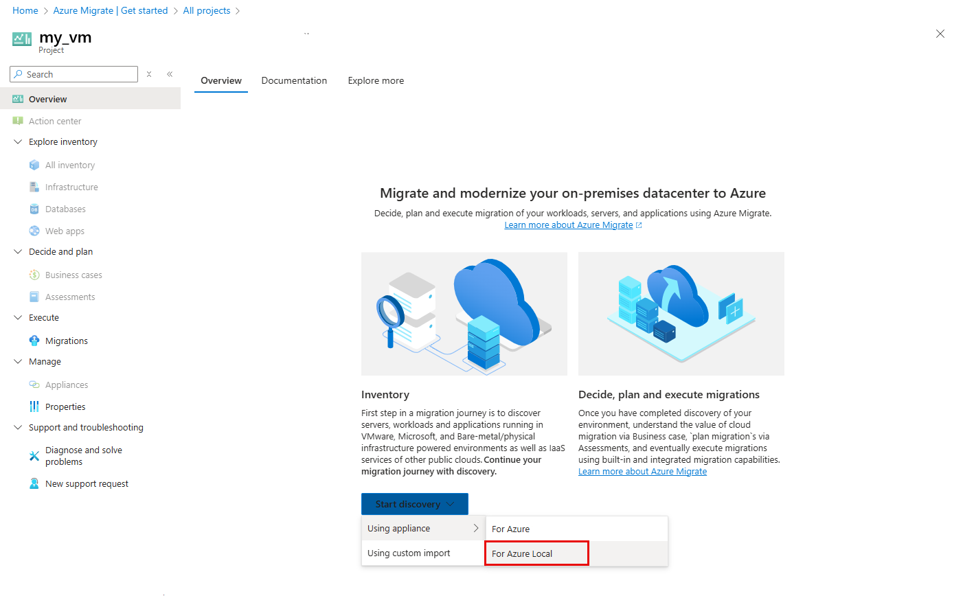 Screenshot of going to Discover page from Migration tools tile for your source appliance.