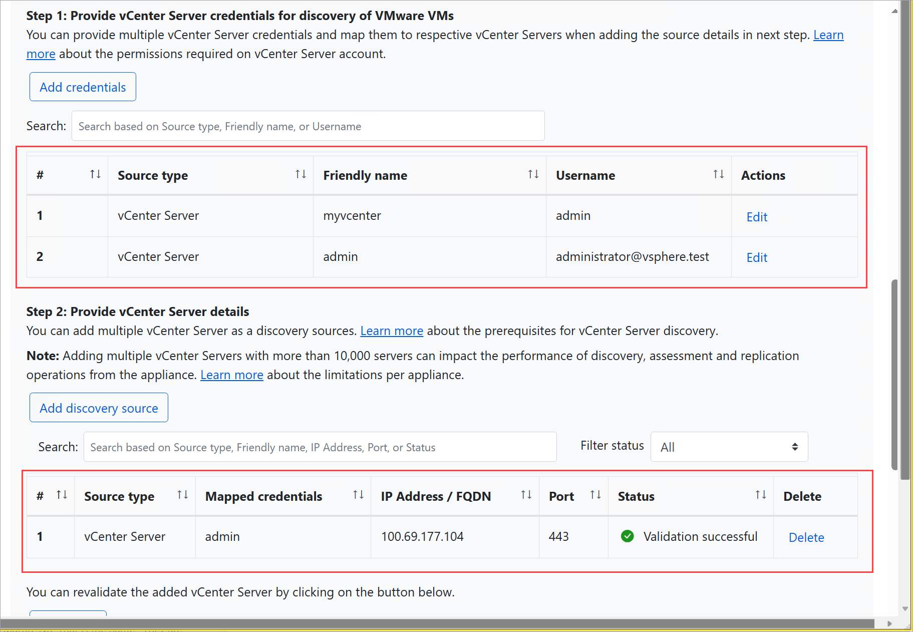Screenshot of credentials and discovery sources configured.