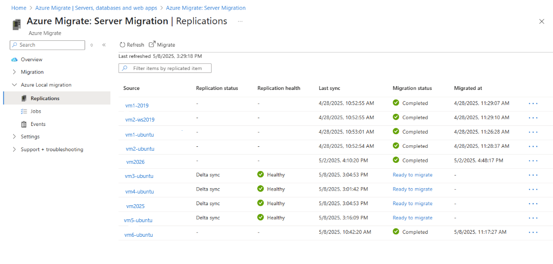 Screenshot showing Replications page in Azure portal with migration status Ready to migrate.