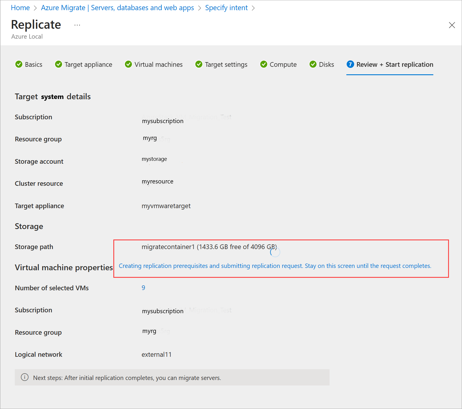 Screenshot showing the warning on the Review + Start replication tab.