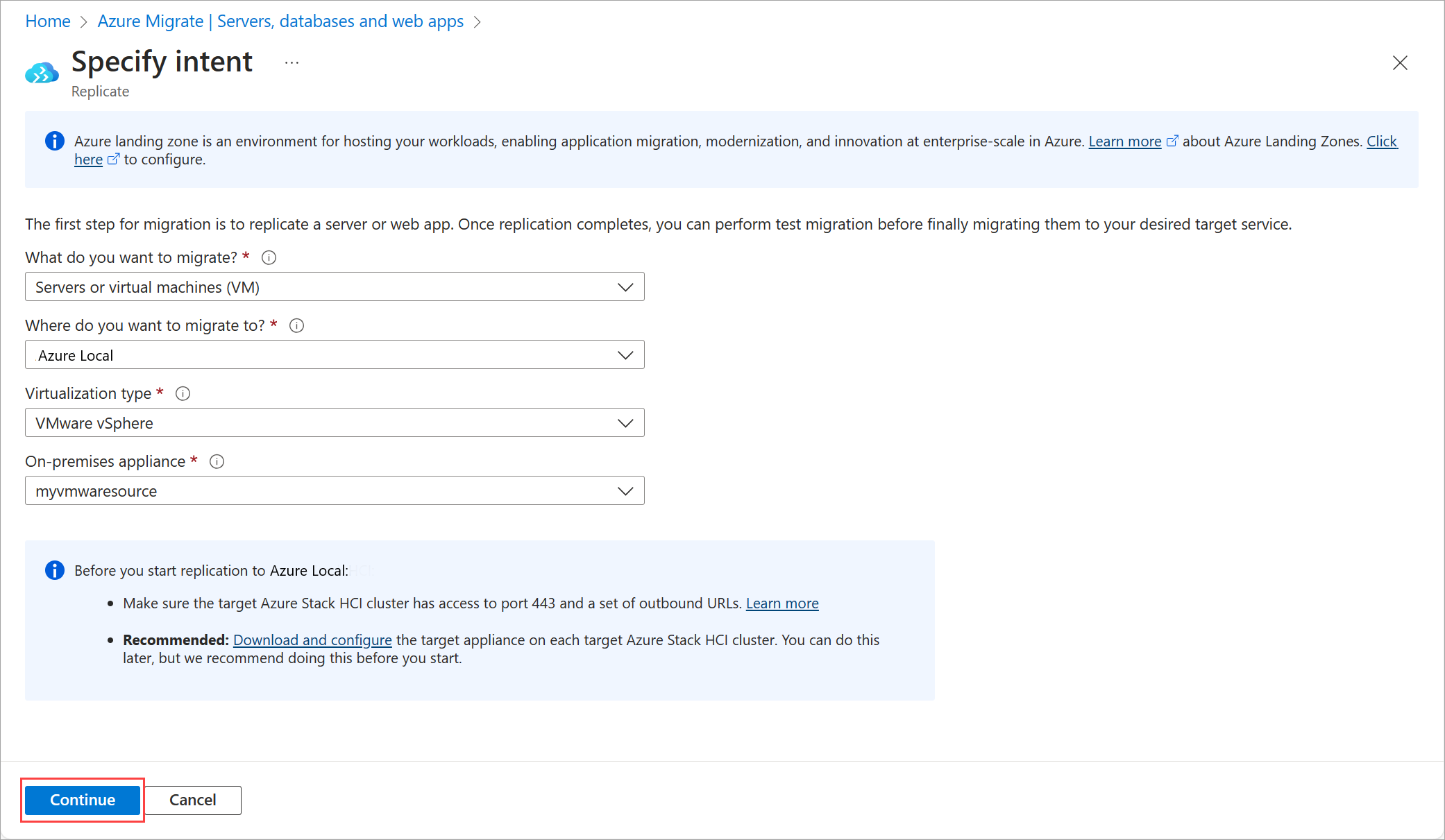 Screenshot showing the replication Specify intent page.