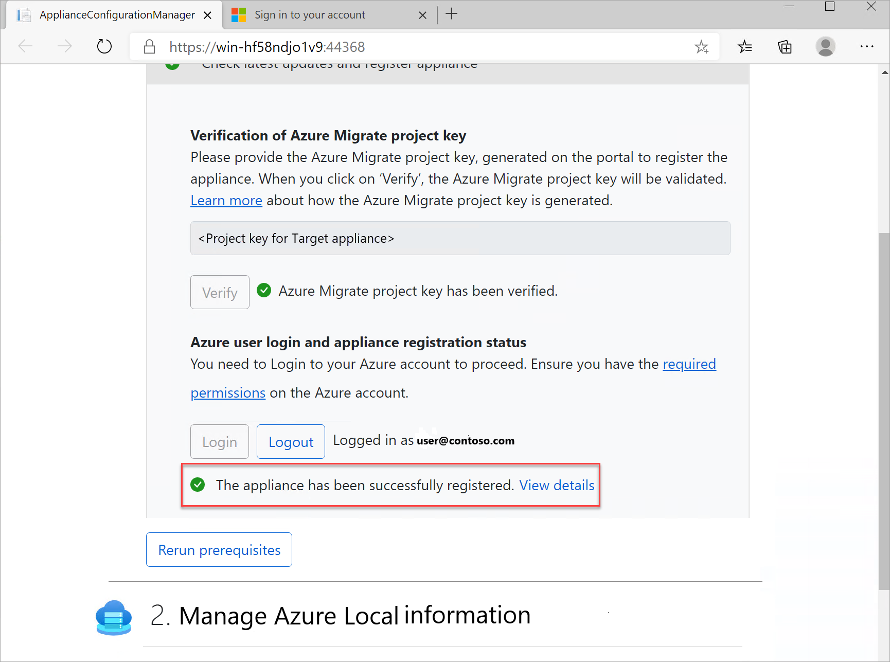 Screenshot showing the Azure Migrate Target Appliance successfully registered.