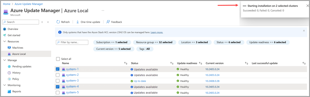 Screenshot of the notification icon while installing system updates in Azure Update Manager.