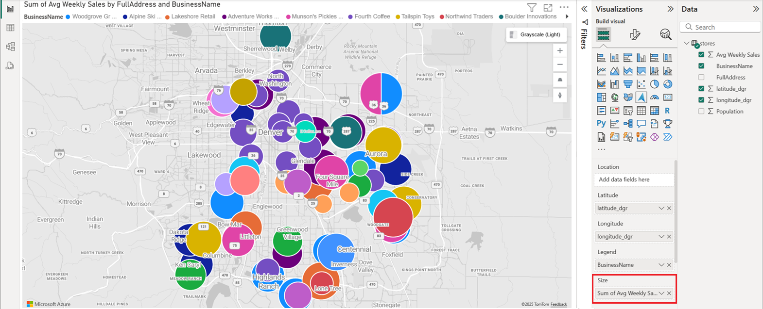 A screenshot of the Azure Maps visual displaying points as colored and scaled bubbles on the map that demonstrate the size field.