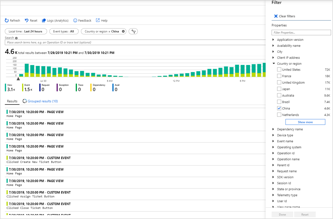 Screenshot that shows selecting the checkbox of a property on the Filter tab.