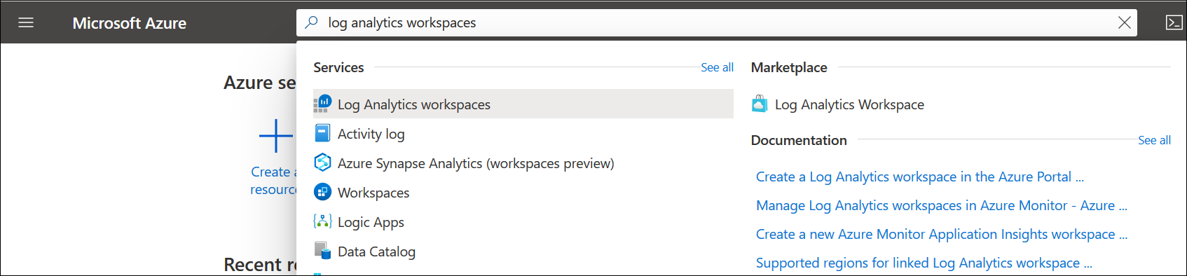 Screenshot that shows selecting Log Analytics workspaces in the Azure portal.