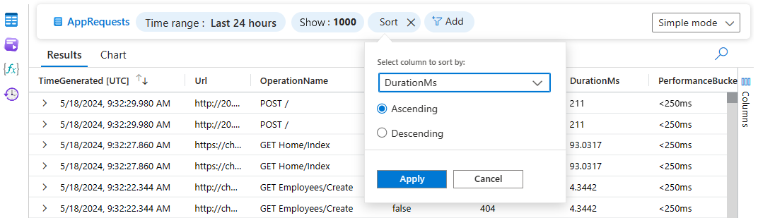 Screenshot that shows the Sort by column window in Log Analytics.