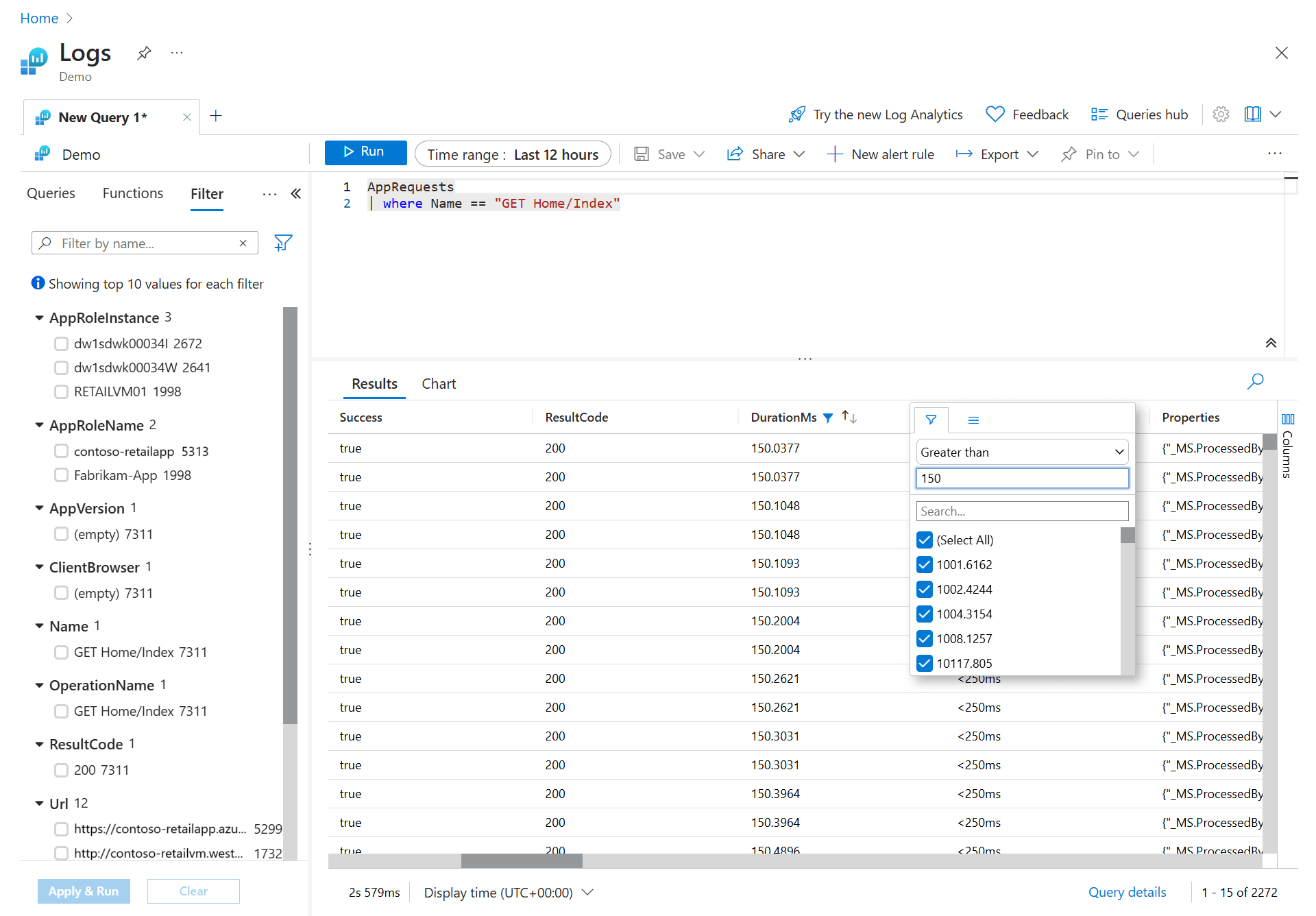 Screenshot that shows a query results filter.