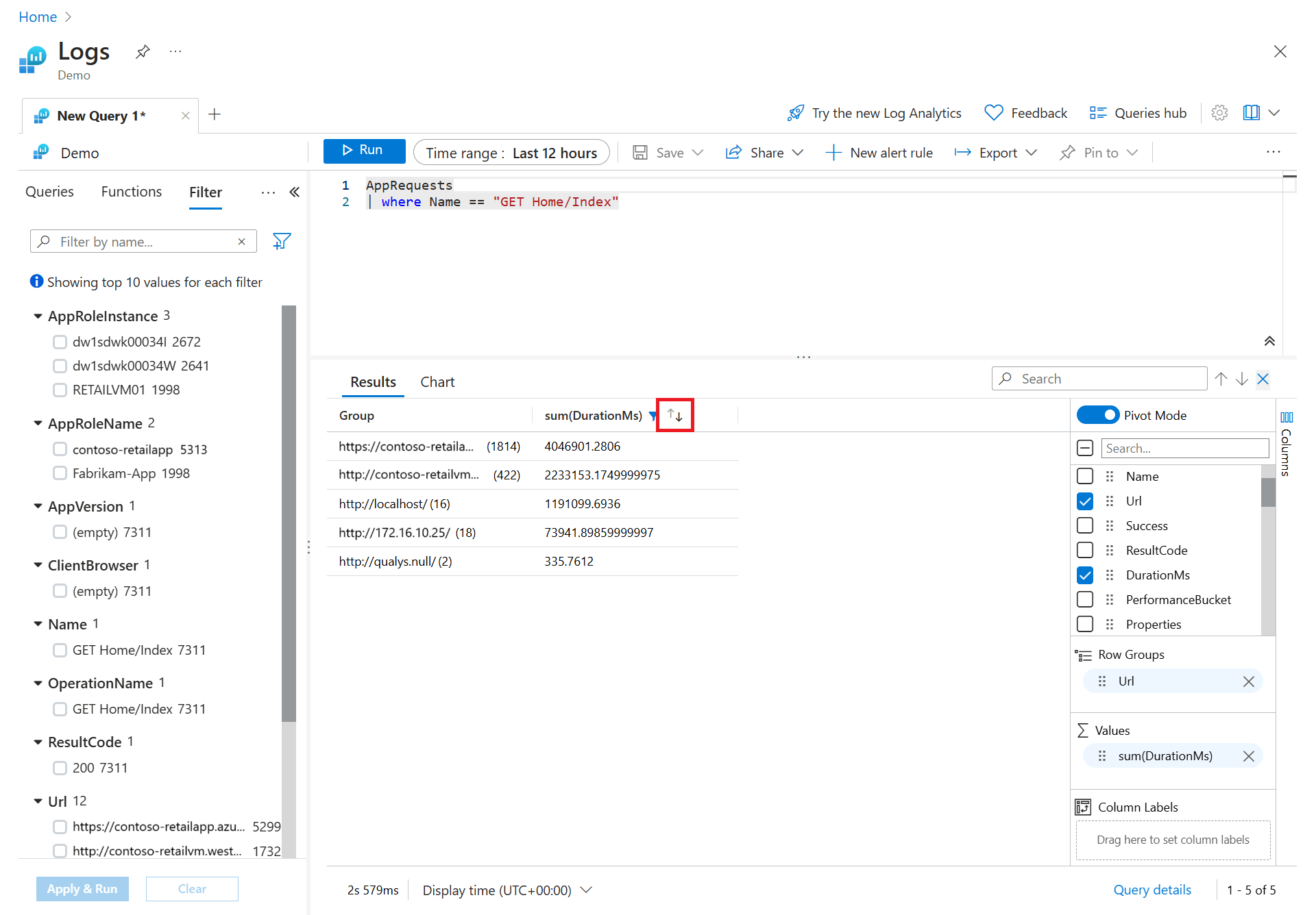 Screenshot that shows the query results pane being sorted by the maximum DurationMS values.