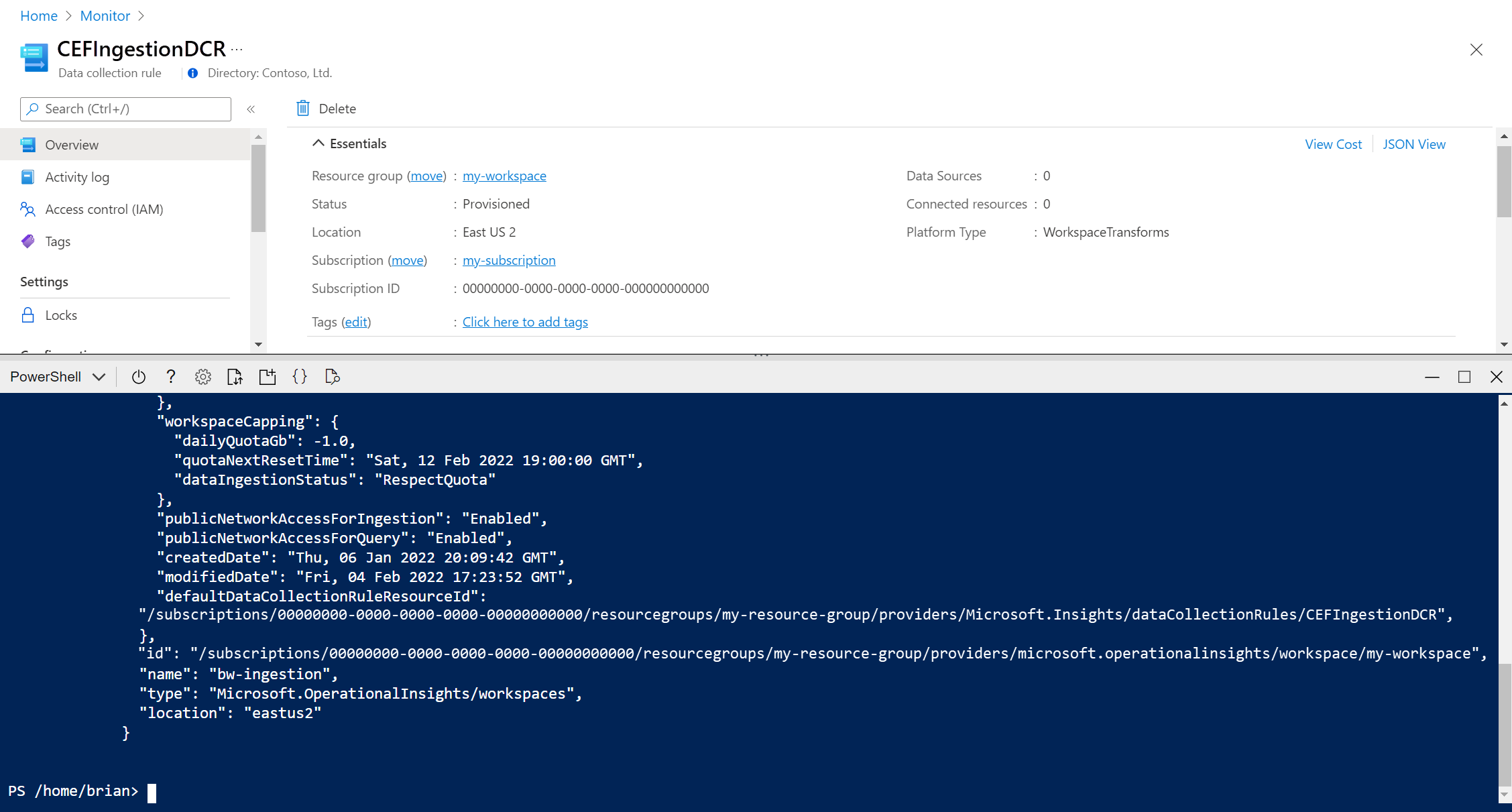 Screenshot of script to link workspace to DCR.