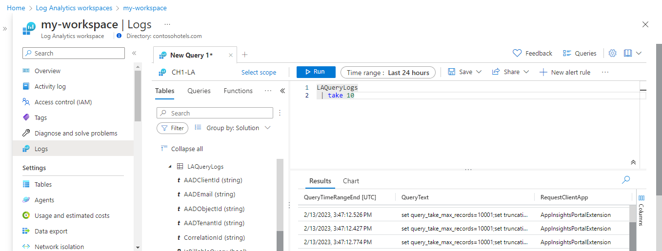 Screenshot of initial query in Log Analytics.