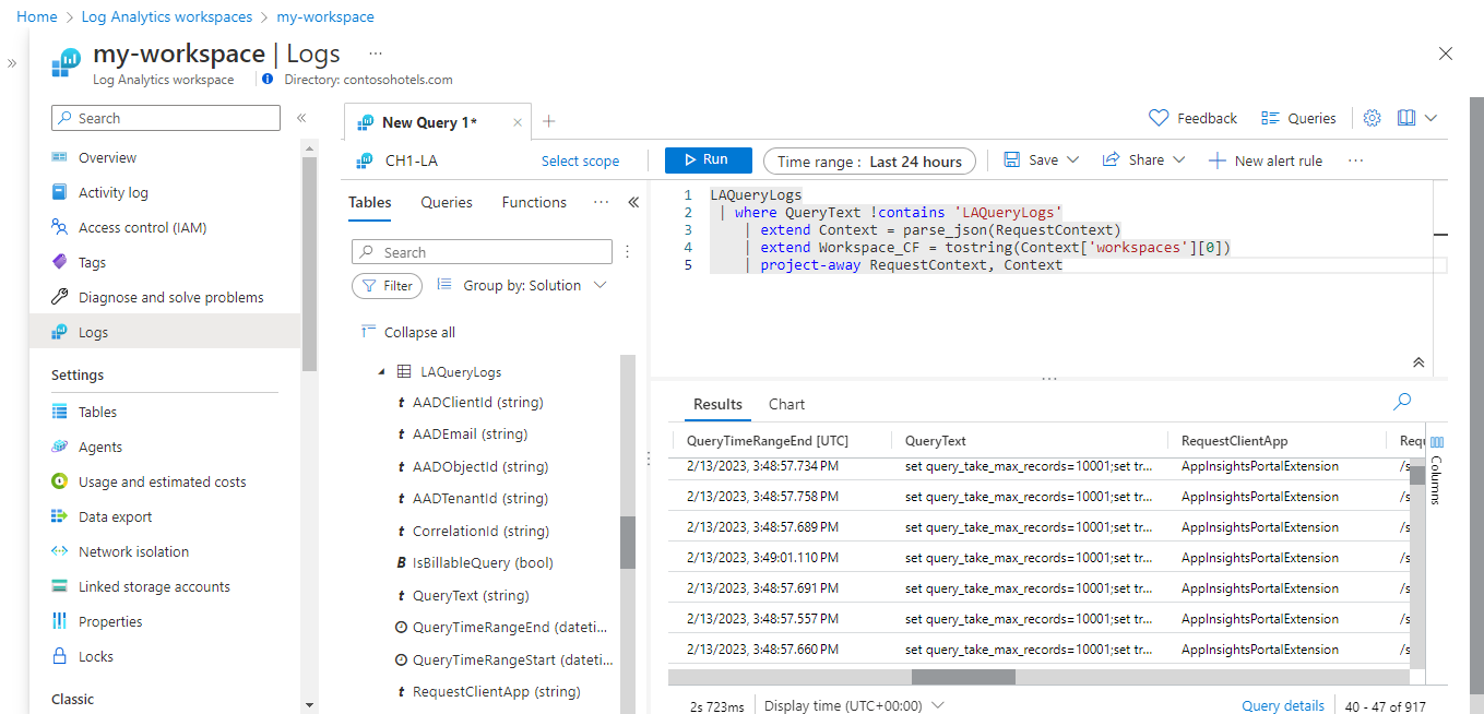 Screenshot of modified query in Log Analytics.