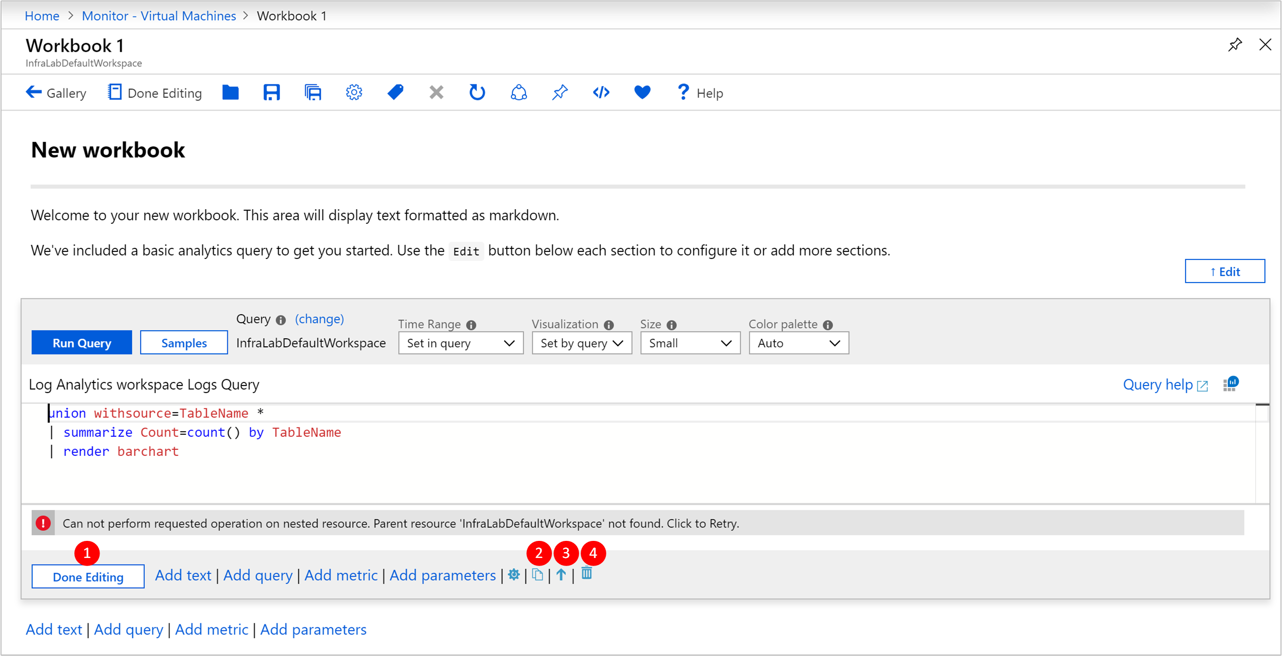Screenshot that shows the Virtual Machines Workbook section in Azure Monitor showing a new workbook in editing mode with editing controls highlighted.