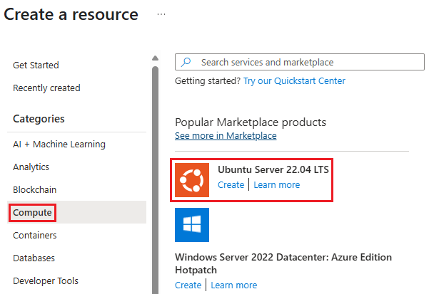 Screenshot of selecting a resource type in Azure portal