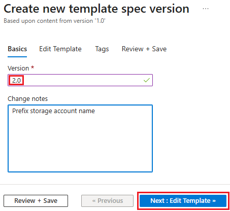 Screenshot of naming the new version and selecting 'Edit template' button.